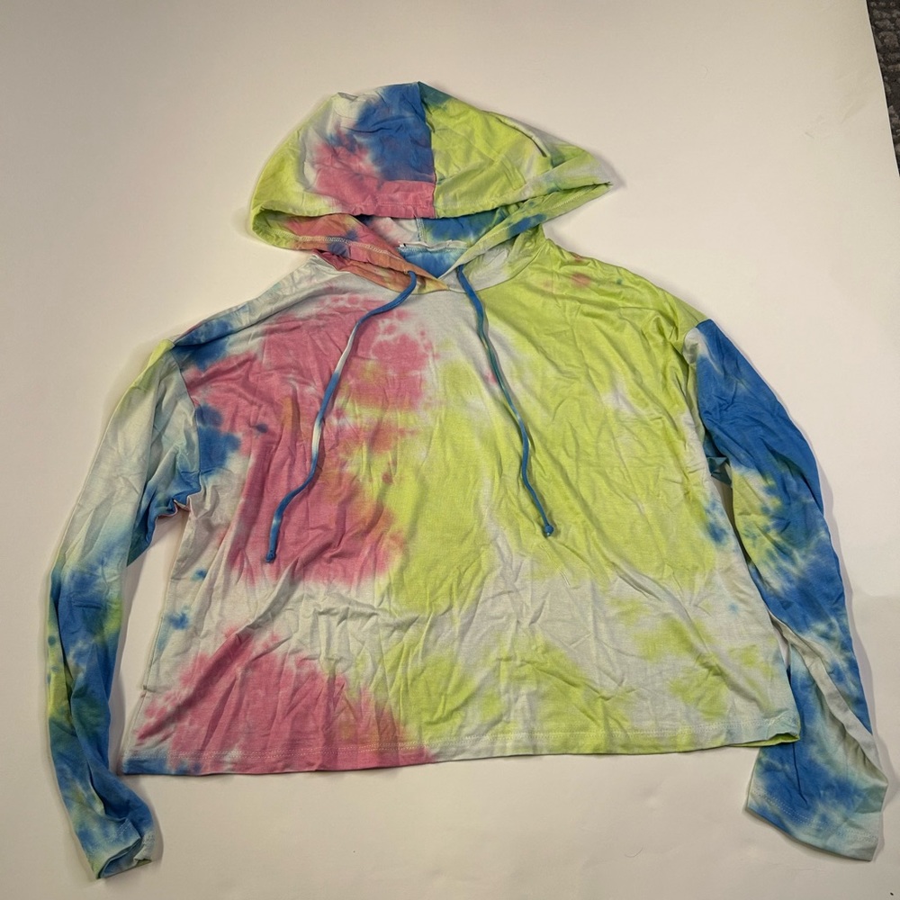 Lush Pink Blue Tie Dye Crop Top Hoodie